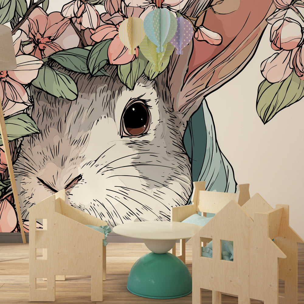 Sweet rabbit garden wallpaper creating magical children's bedroom decor with soft lighting