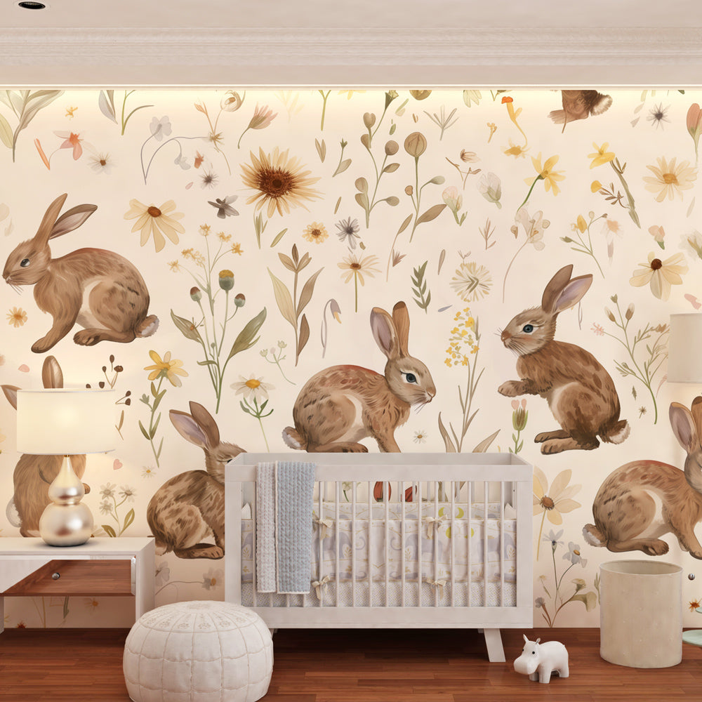 Countryside bunny mural wallpaper creating peaceful children's bedroom atmosphere