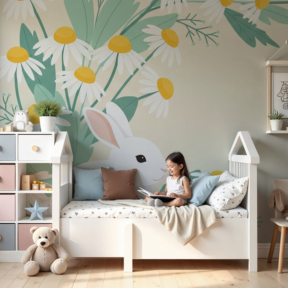 Bunny floral mural wallpaper creating enchanted nursery with white rabbit and daisies by Kids-Mundo