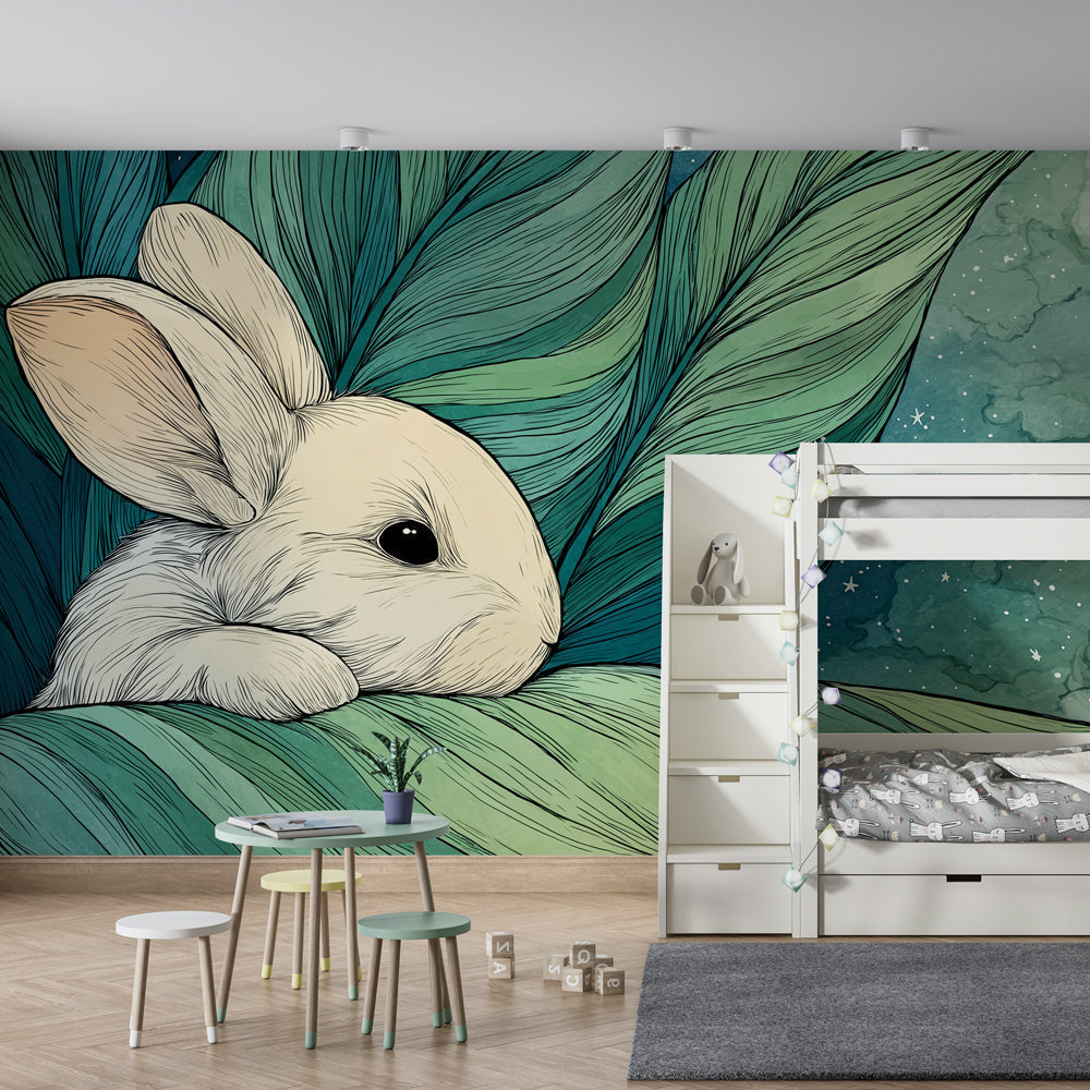 Gentle bunny mural wallpaper with soft foliage in modern baby bedroom decor