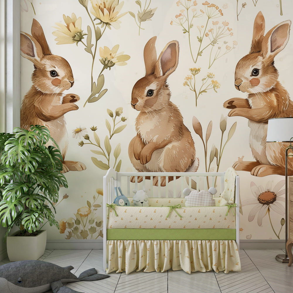 Playful rabbit and wildflower wallpaper creating peaceful children's bedroom atmosphere