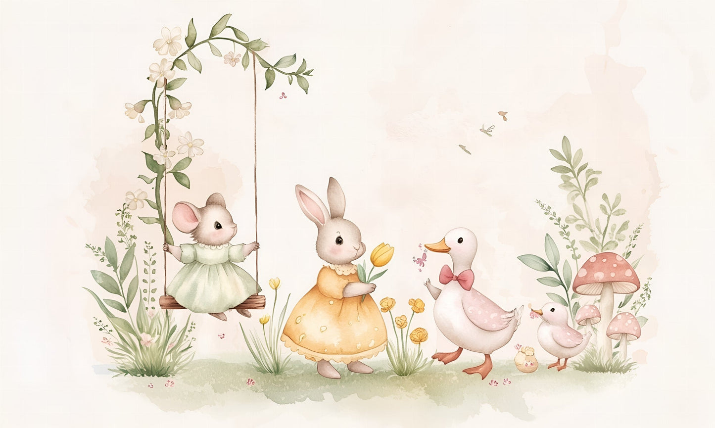 Kids-Mundo flat artwork of a bunny, mouse and duck parade for this wall mural