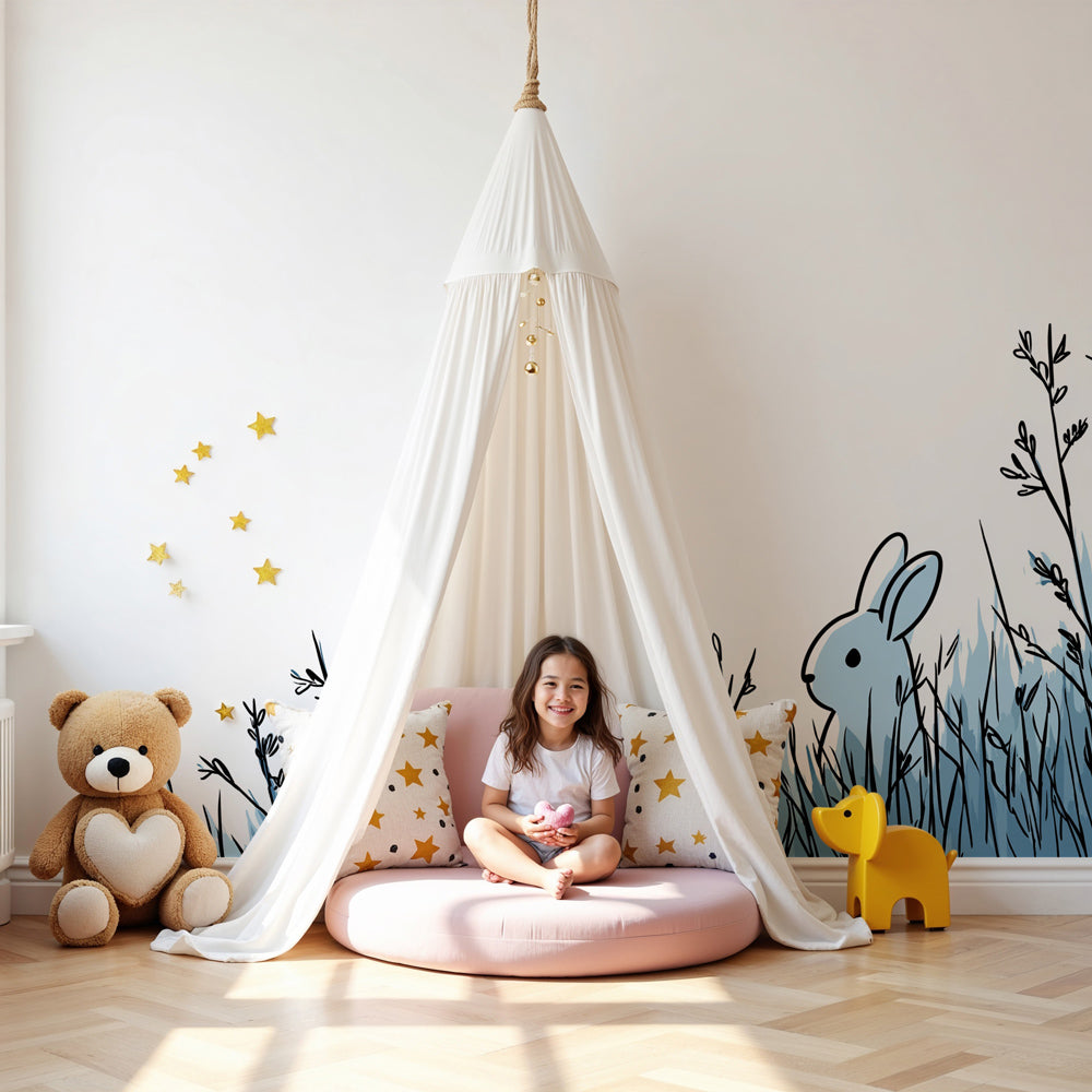 Blue bunny mural wallpaper creating serene nursery decor with natural wood crib by Kids-Mundo