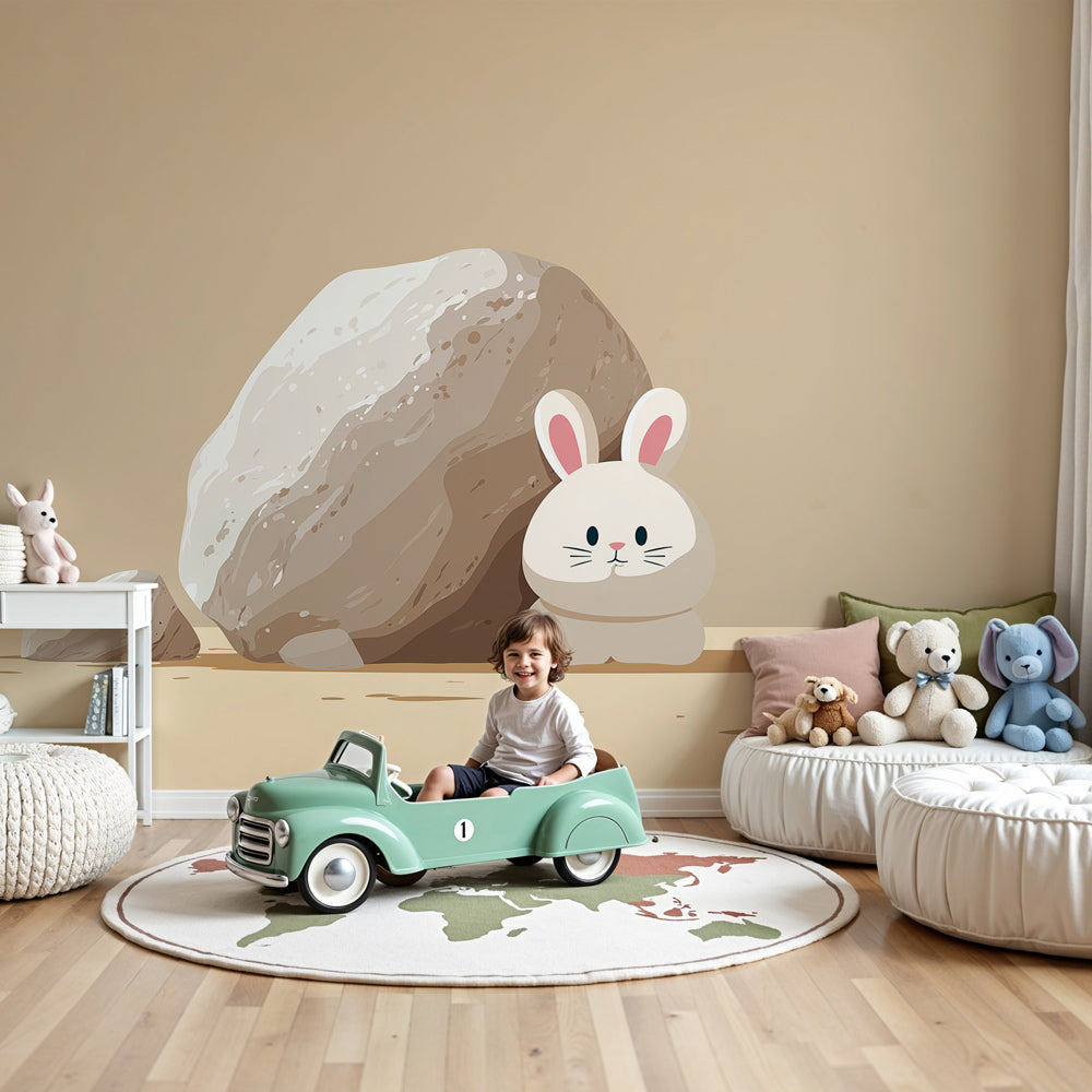 Bunny mural wallpaper in peaceful nursery setting with neutral decor by Kids-Mundo