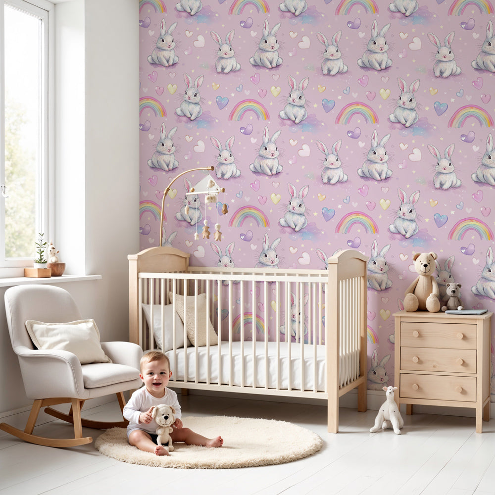 Cute bunny mural wallpaper decorating modern pink nursery room by Kids-Mundo