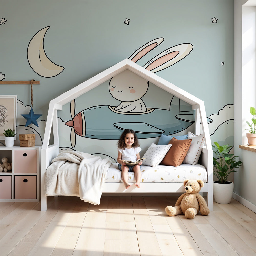 Bunny pilot mural wallpaper creating dreamy aviation nursery decor by Kids-Mundo