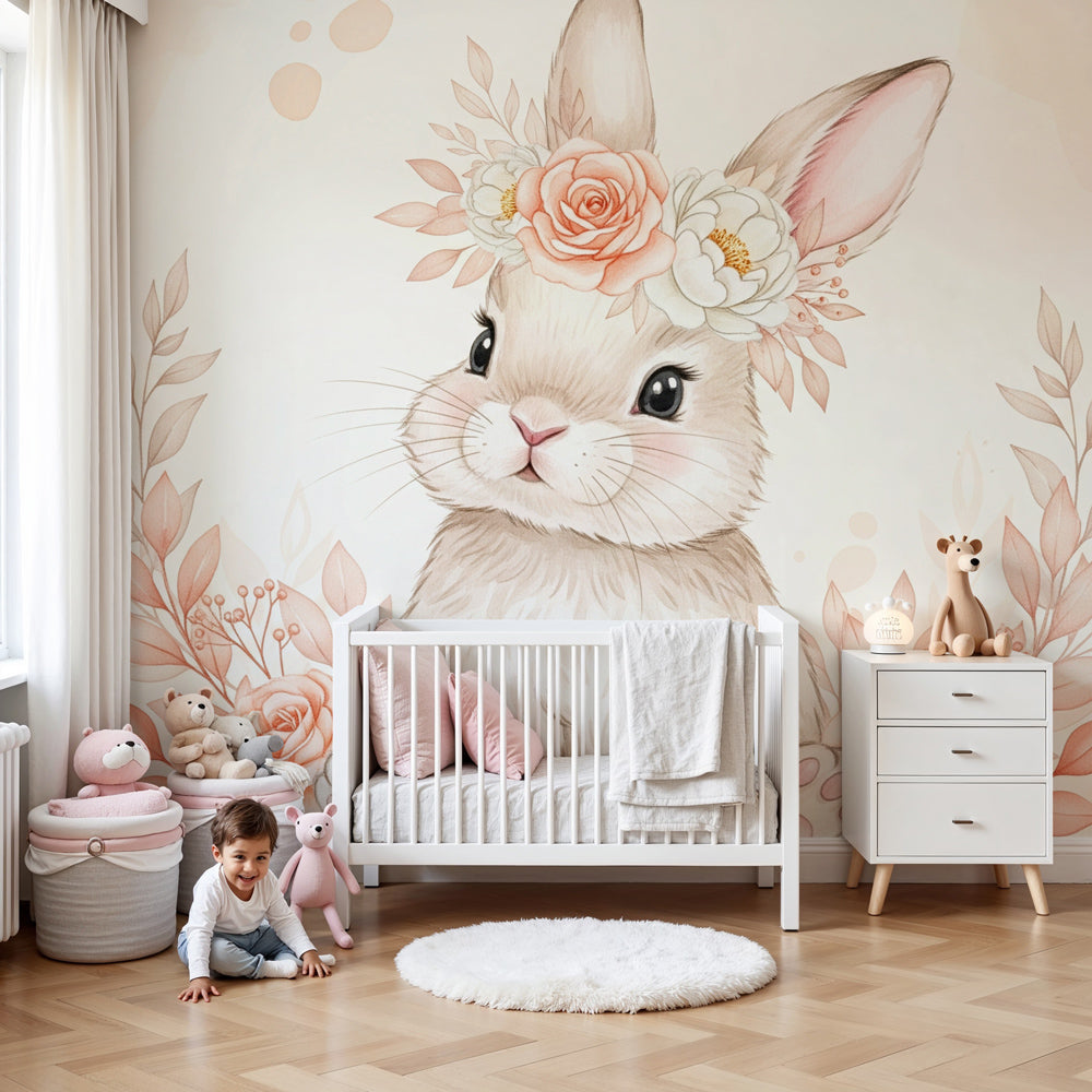 Bunny rabbit mural wallpaper with floral crown in soft pink nursery by Kids-Mundo