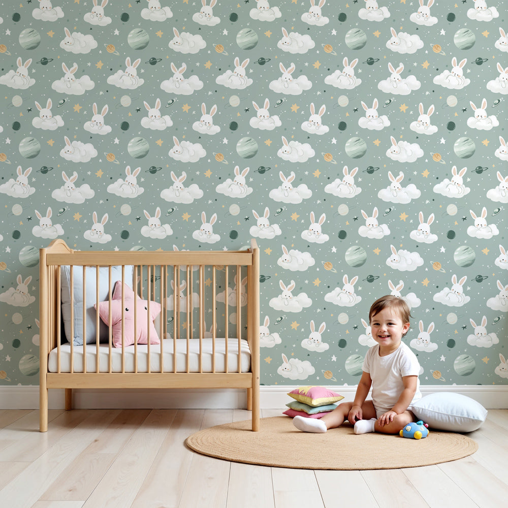Bunny space mural wallpaper in modern nursery with clouds and stars by Kids-Mundo