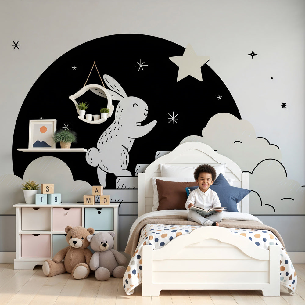 Bunny stars mural wallpaper creating dreamy atmosphere in modern nursery by Kids-Mundo