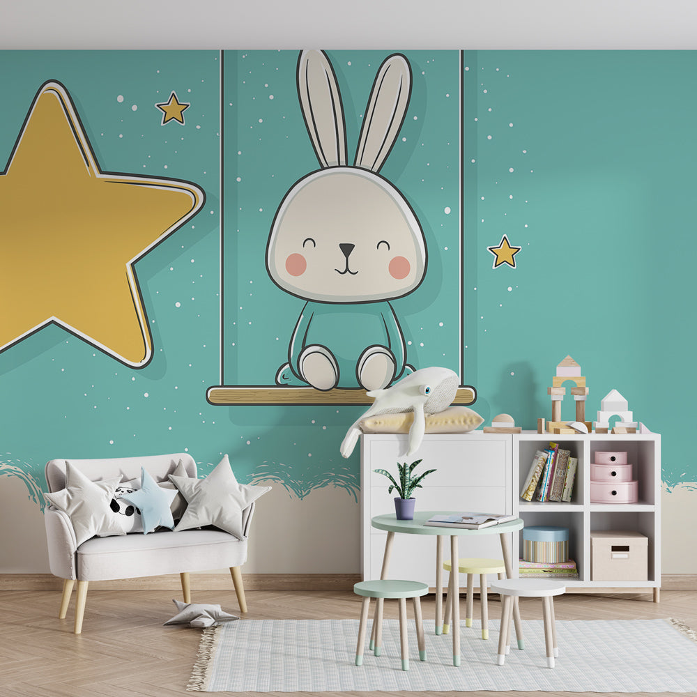 Peaceful baby room featuring bunny on swing mural wallpaper with twinkling stars and clouds