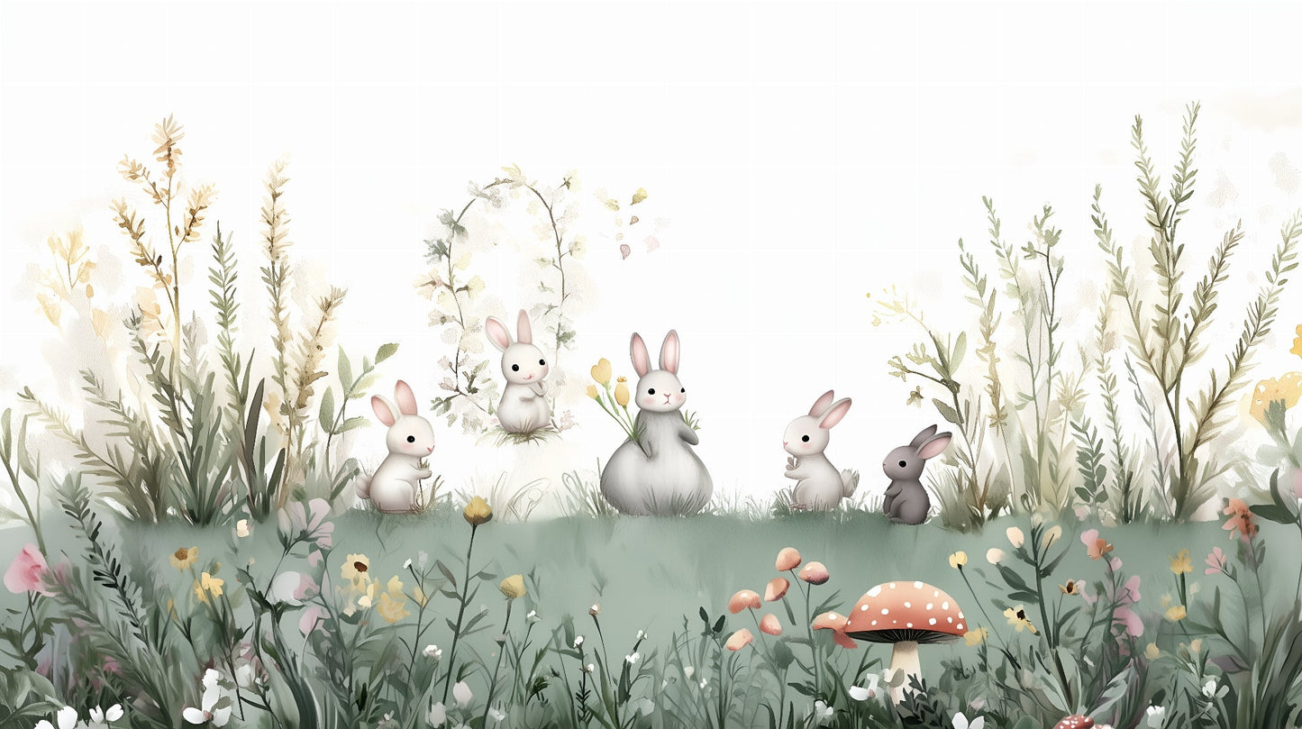 Kids-Mundo flat artwork of bunnies in a wild meadow used for this wall mural