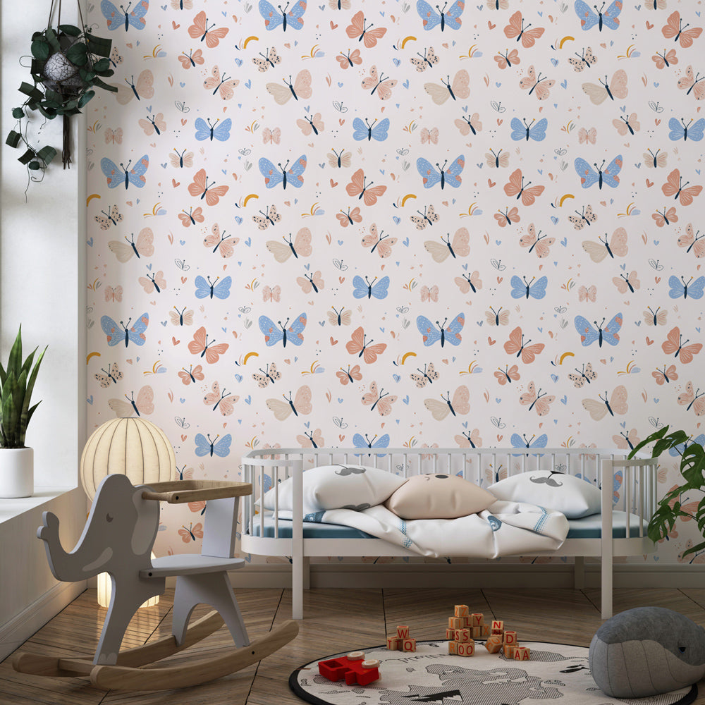Colorful butterfly wallpaper transforming children's bedroom into enchanted garden space