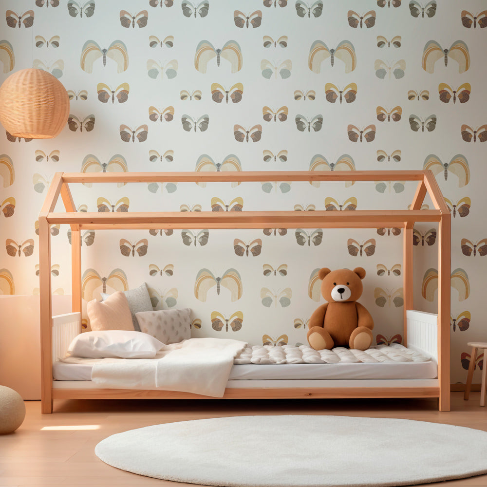 Butterfly garden wallpaper creating peaceful kids bedroom atmosphere with soft natural colors