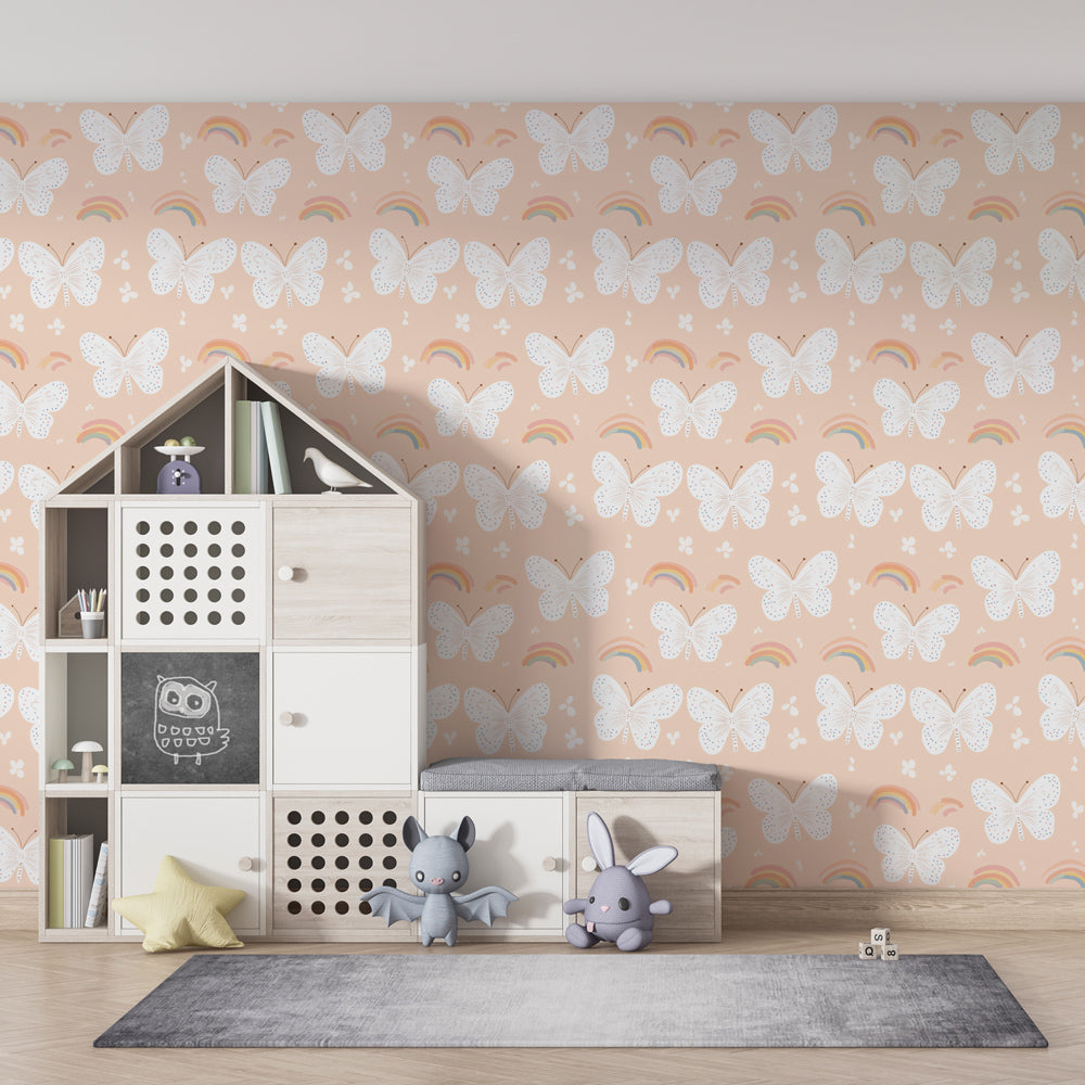 Pink butterfly wallpaper with rainbows decorating modern girls bedroom interior
