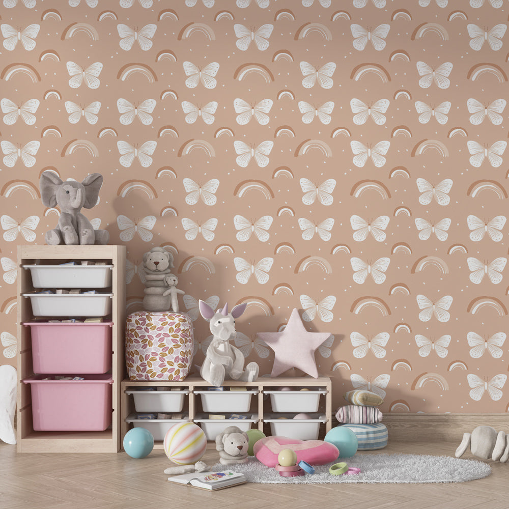 Butterfly rainbow wallpaper creating magical kids bedroom decor with soft pink tones