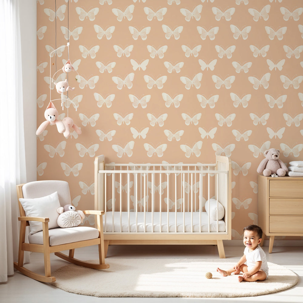 Delicate butterfly mural wallpaper in pastel colors decorating a serene kids nursery by Kids-Mundo