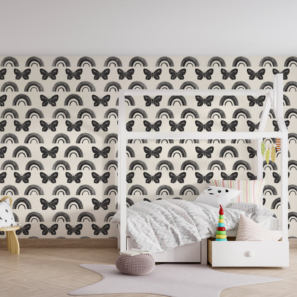 Soft butterfly and rainbow wallpaper transforming modern kids bedroom with gentle nature motifs