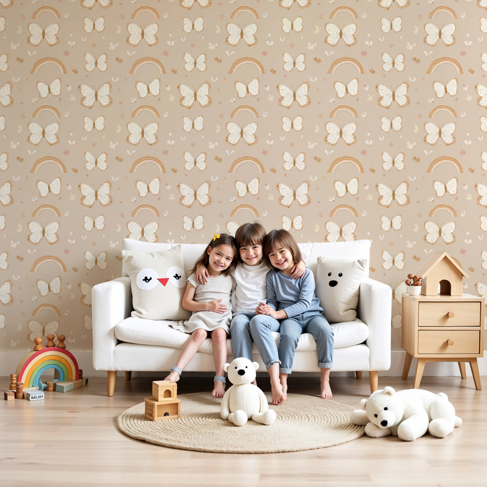 Butterfly rainbow mural wallpaper creating enchanted nursery decor with beige background by Kids-Mundo