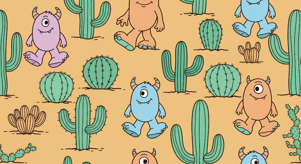 Flat artwork of the Kids-Mundo cactus desert wall mural design with one-eyed monsters and green cacti.
