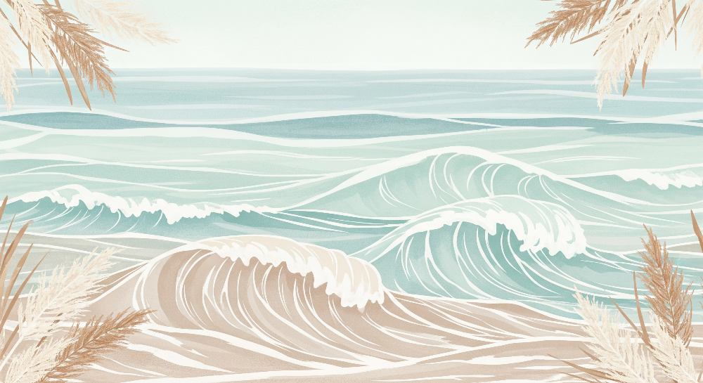 Kids-Mundo flat artwork of soft teal ocean waves framed by beige pampas grass.