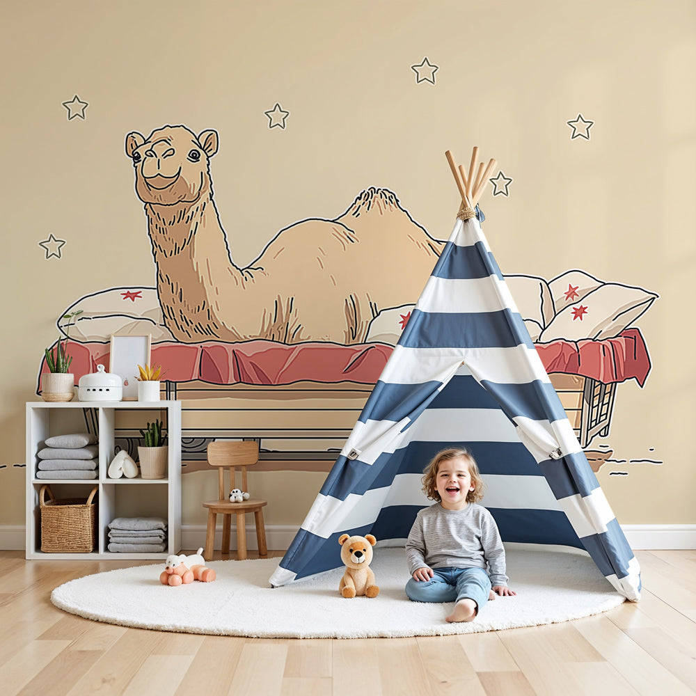 Camel dreams mural wallpaper in cozy nursery setting with wooden furniture by Kids-Mundo