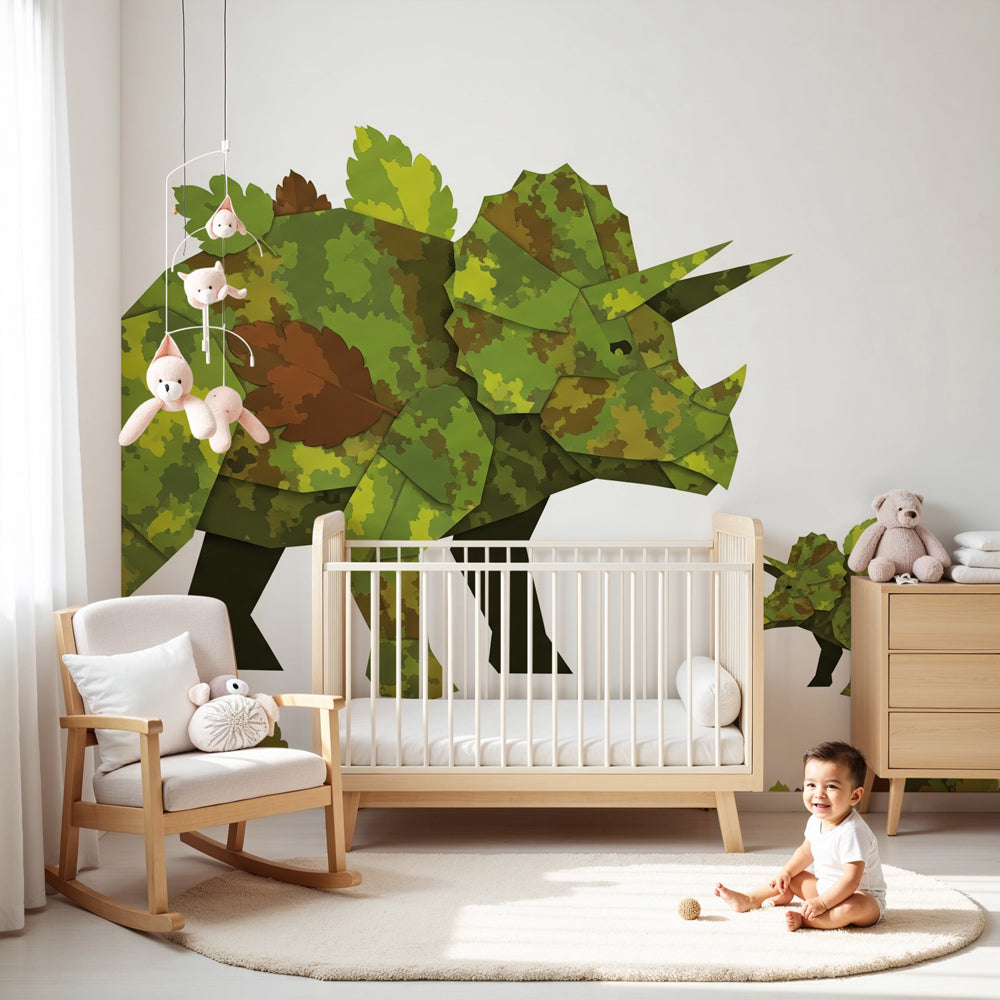 Camouflaged dinosaur mural wallpaper creating prehistoric adventure nursery decor by Kids-Mundo
