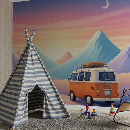 Kids-Mundo campervan mountain night wall mural behind a bed in a kids bedroom