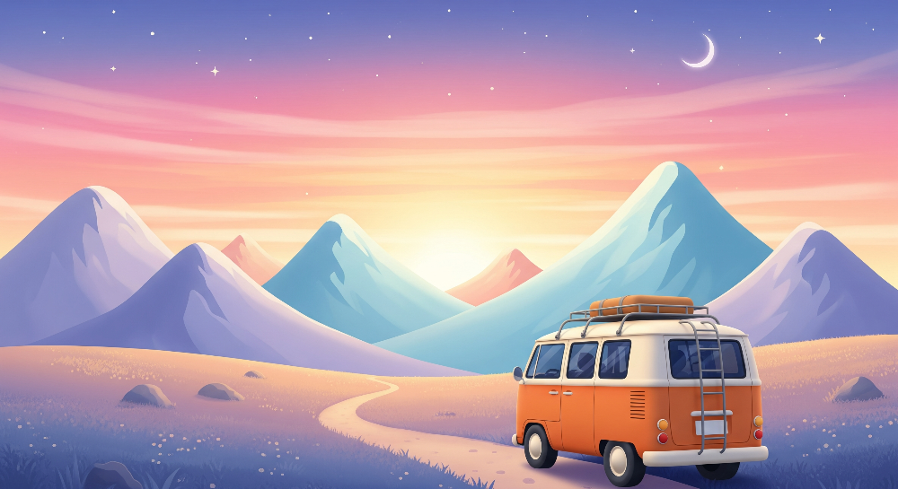 Retro Campervan Starry Mountain Night Wall Mural