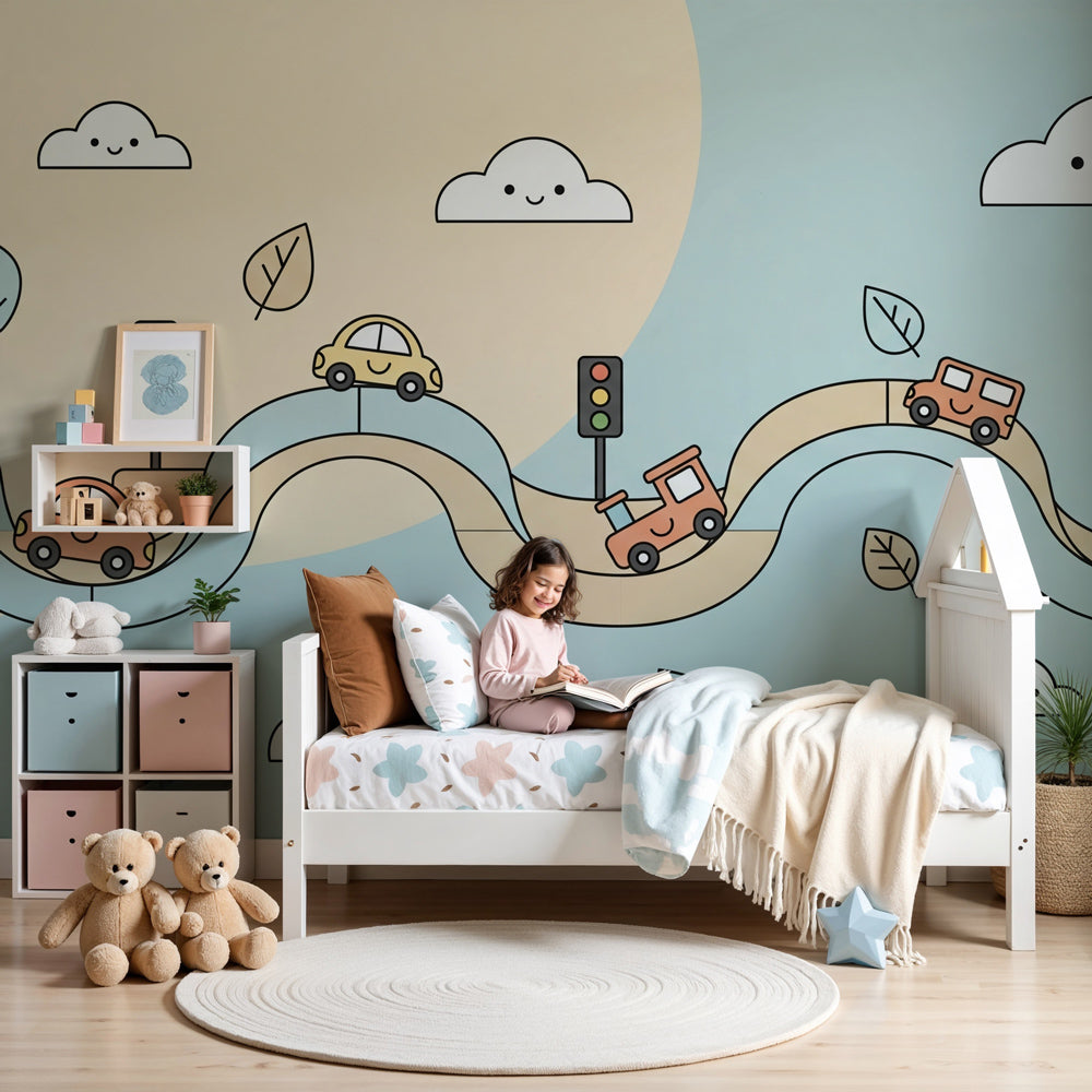 Car adventure mural wallpaper in modern nursery with colorful road scene by Kids-Mundo