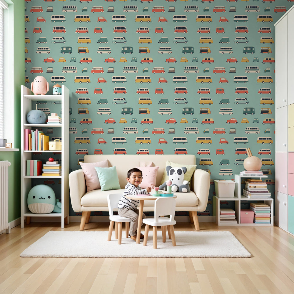 Colorful car mural wallpaper in modern nursery with wooden furniture by Kids-Mundo