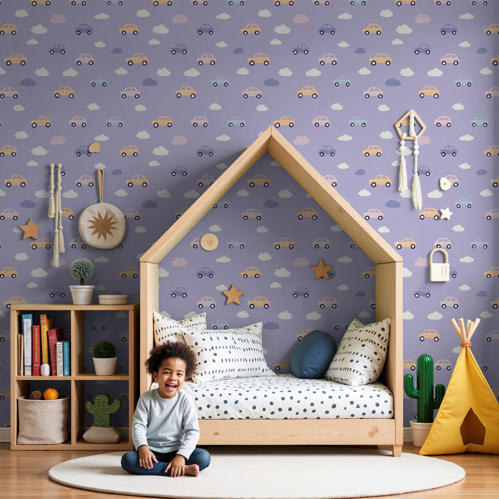 Colorful cars mural wallpaper creating playful atmosphere in modern children's bedroom by Kids-Mundo