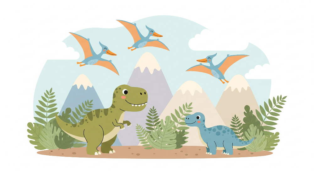 Kids-Mundo flat artwork preview of the cartoon dinosaur mountain wall mural design.