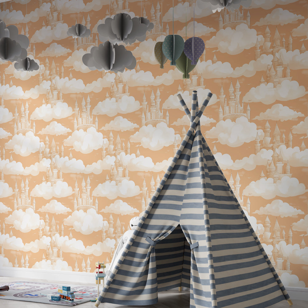 Orange castle wallpaper with floating clouds in modern children's bedroom setting