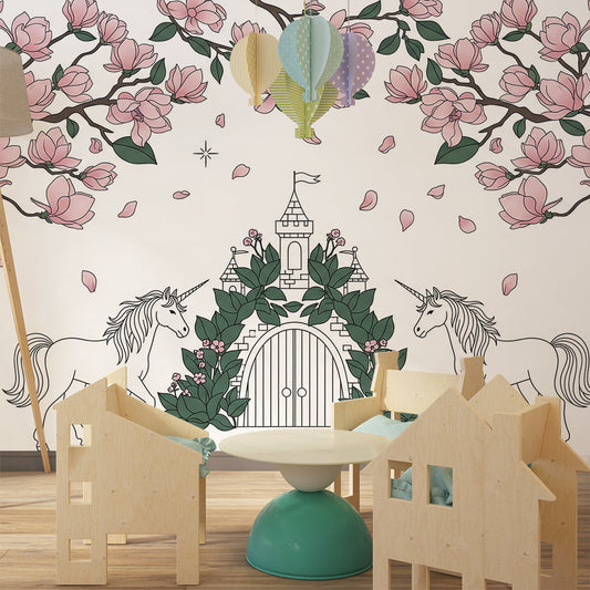 Kids-Mundo line art unicorn castle mural covering a feature wall in a girl's bedroom