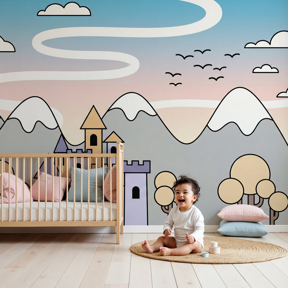 Enchanted castle mural wallpaper with mountains creating magical kids bedroom decor by Kids-Mundo
