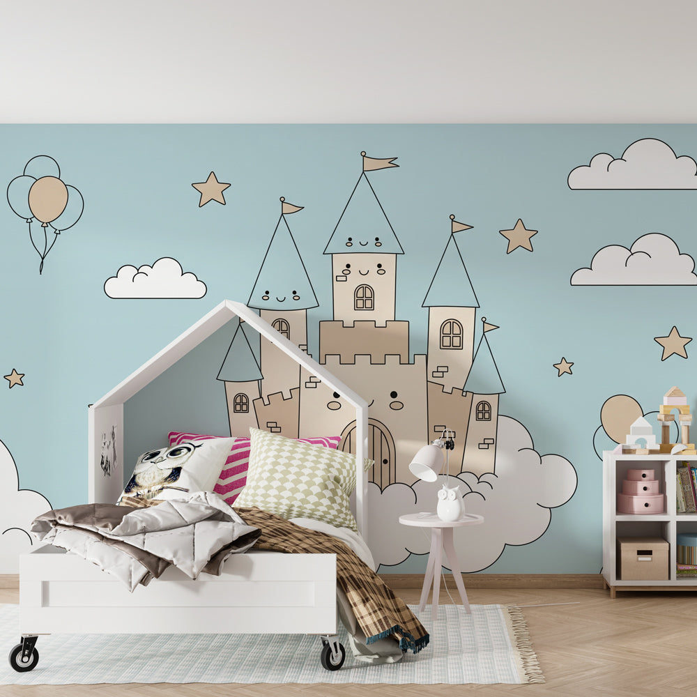 Happy castle cloud wallpaper creating magical nursery atmosphere for children