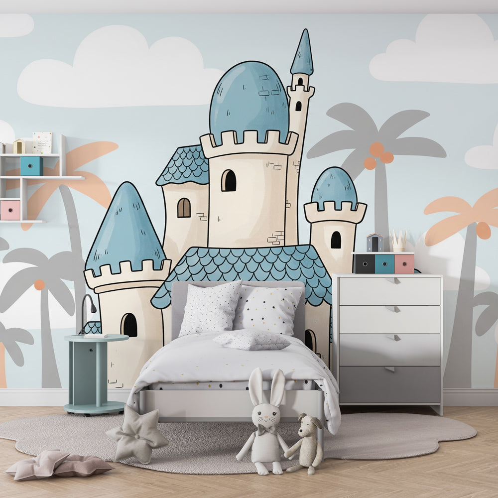 Castle wallpaper with palm trees transforming nursery into fairy tale kingdom decor