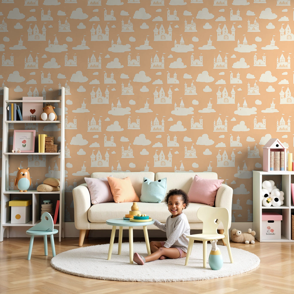 Castle mural wallpaper with floating castles in soft nursery setting by Kids-Mundo
