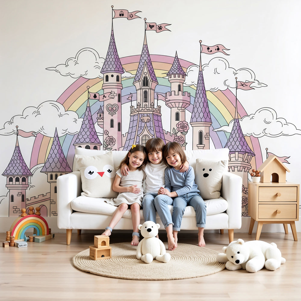Enchanted castle mural wallpaper with rainbow creating magical nursery decor by Kids-Mundo