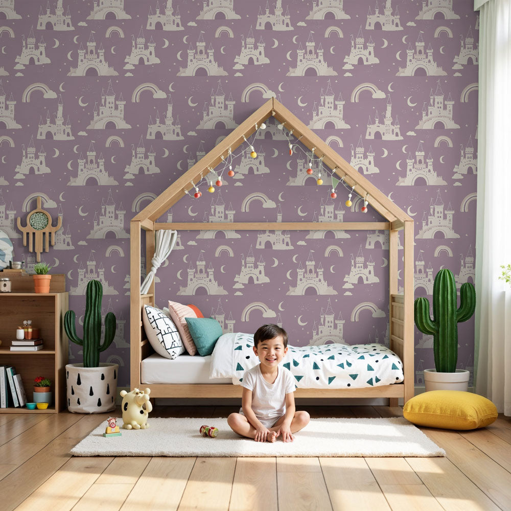 Castle rainbow mural wallpaper creating magical fairytale nursery with lilac tones by Kids-Mundo