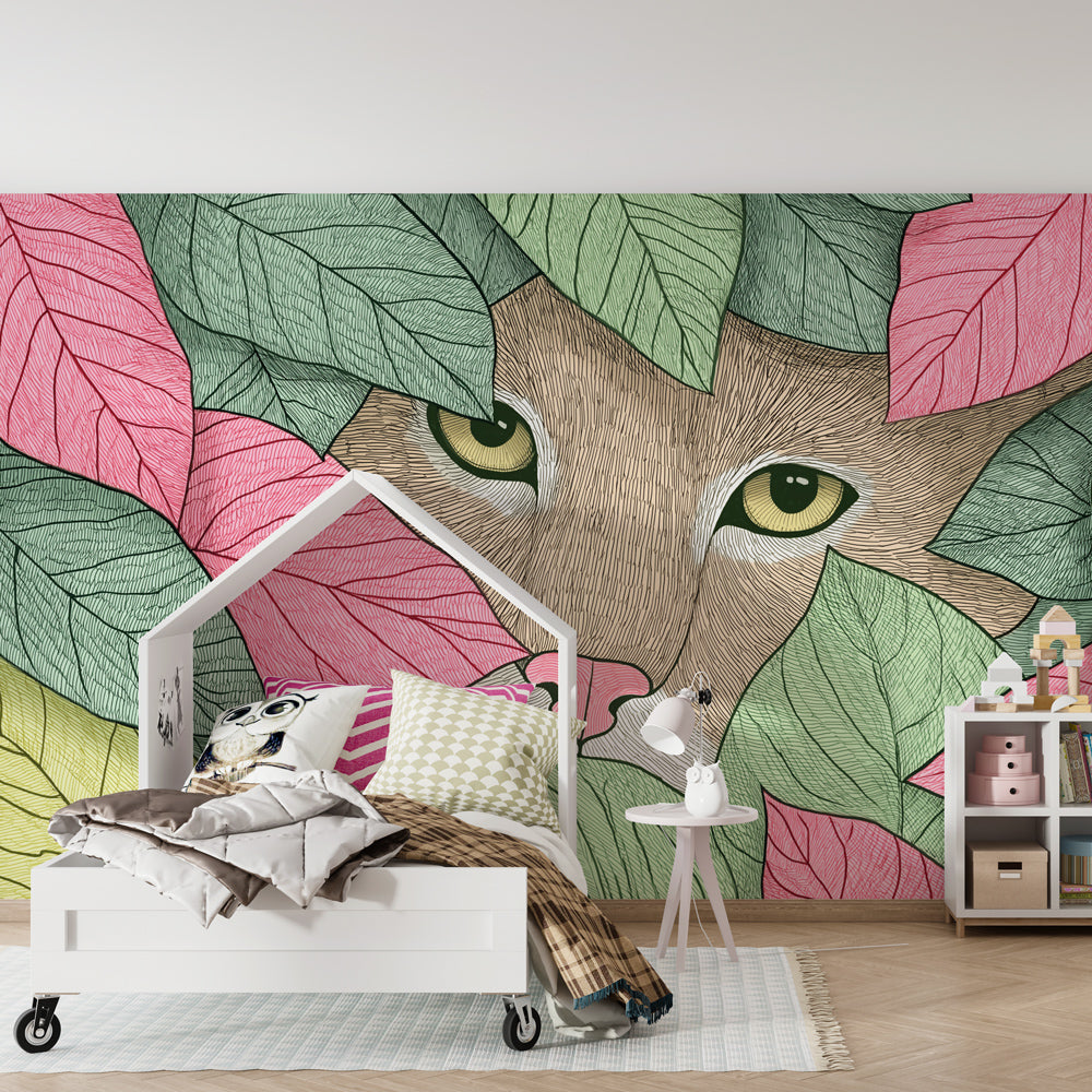 Hidden cat wallpaper creating playful atmosphere in kids bedroom with natural decor
