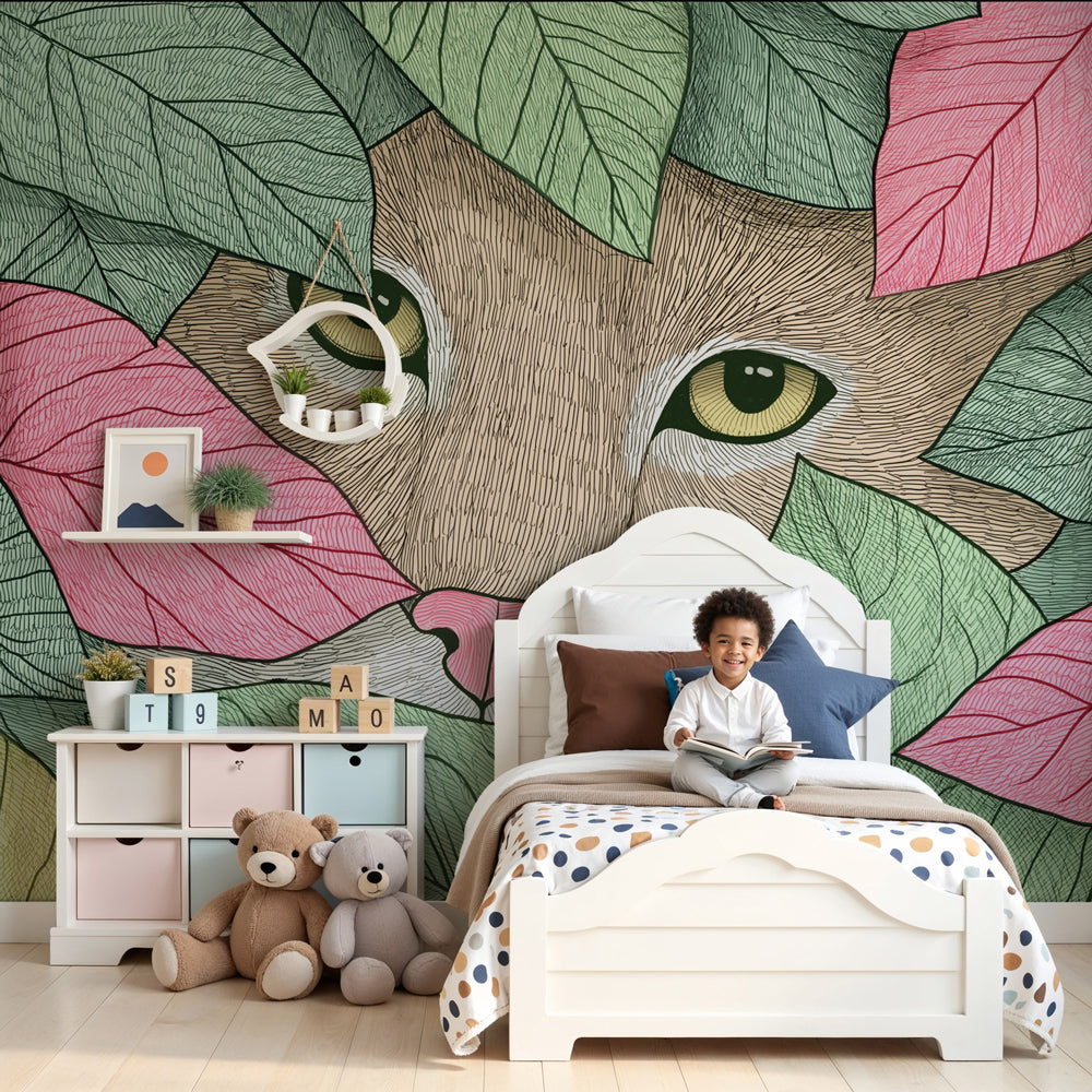 Cat face mural wallpaper with colorful foliage in modern nursery room by Kids-Mundo