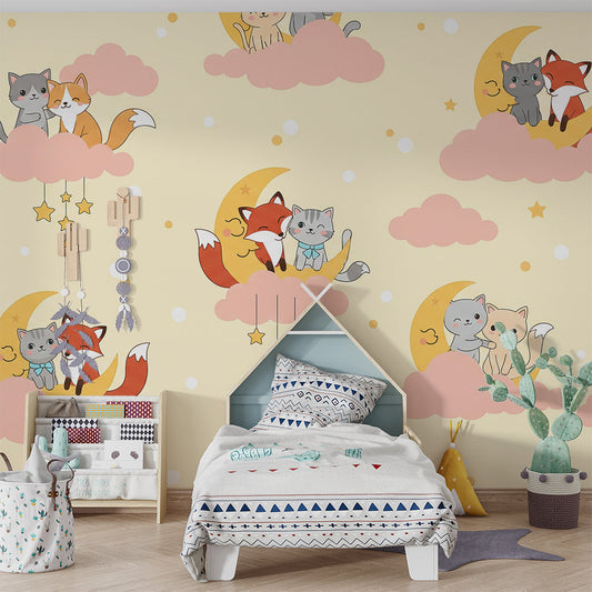 Kids-Mundo dreamy moon and stars wall mural in a child's pastel bedroom setting