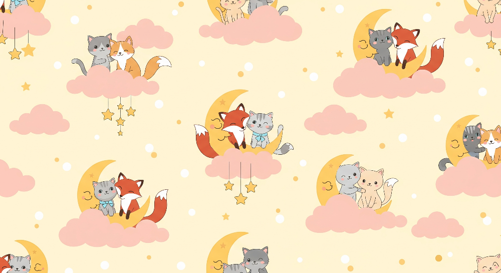 Kids-Mundo flat artwork of cats and foxes cuddling on clouds and crescent moons