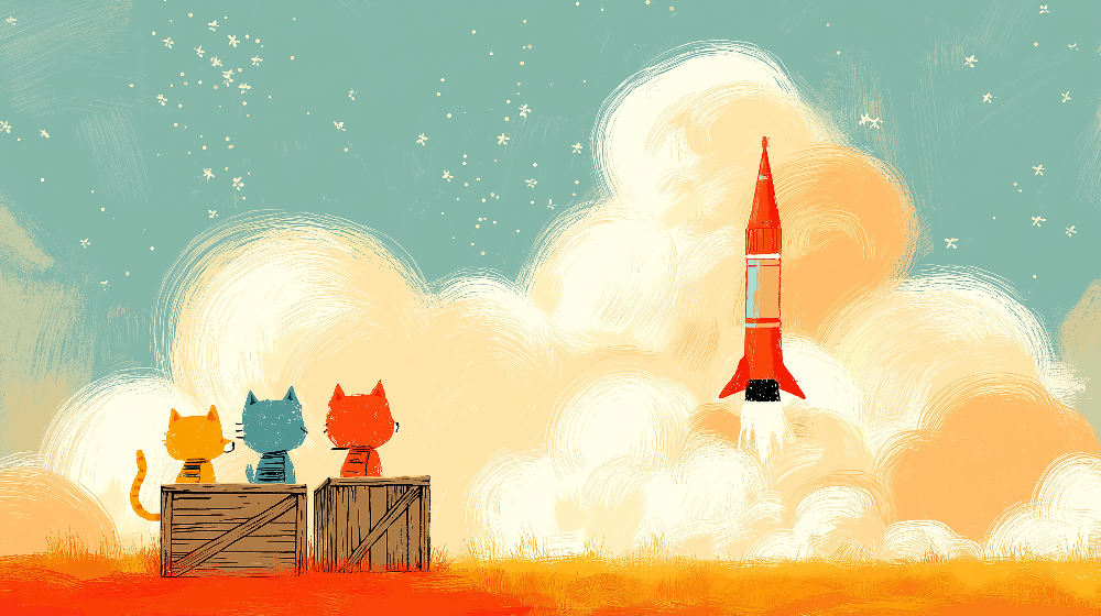Curious Cats Watching a Rocket Launch Wall Mural