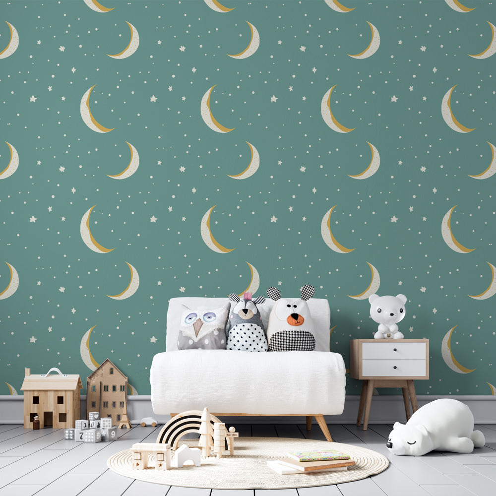 Turquoise celestial wallpaper with golden moons decorating modern children's bedroom