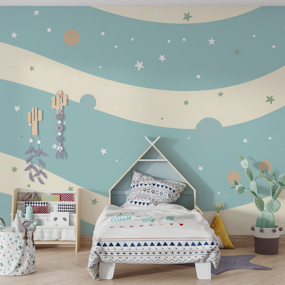 Space-themed mural wallpaper creating cosmic atmosphere in children's bedroom decor