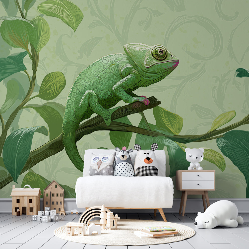 Green chameleon wallpaper creating jungle-themed children's bedroom with tropical foliage design