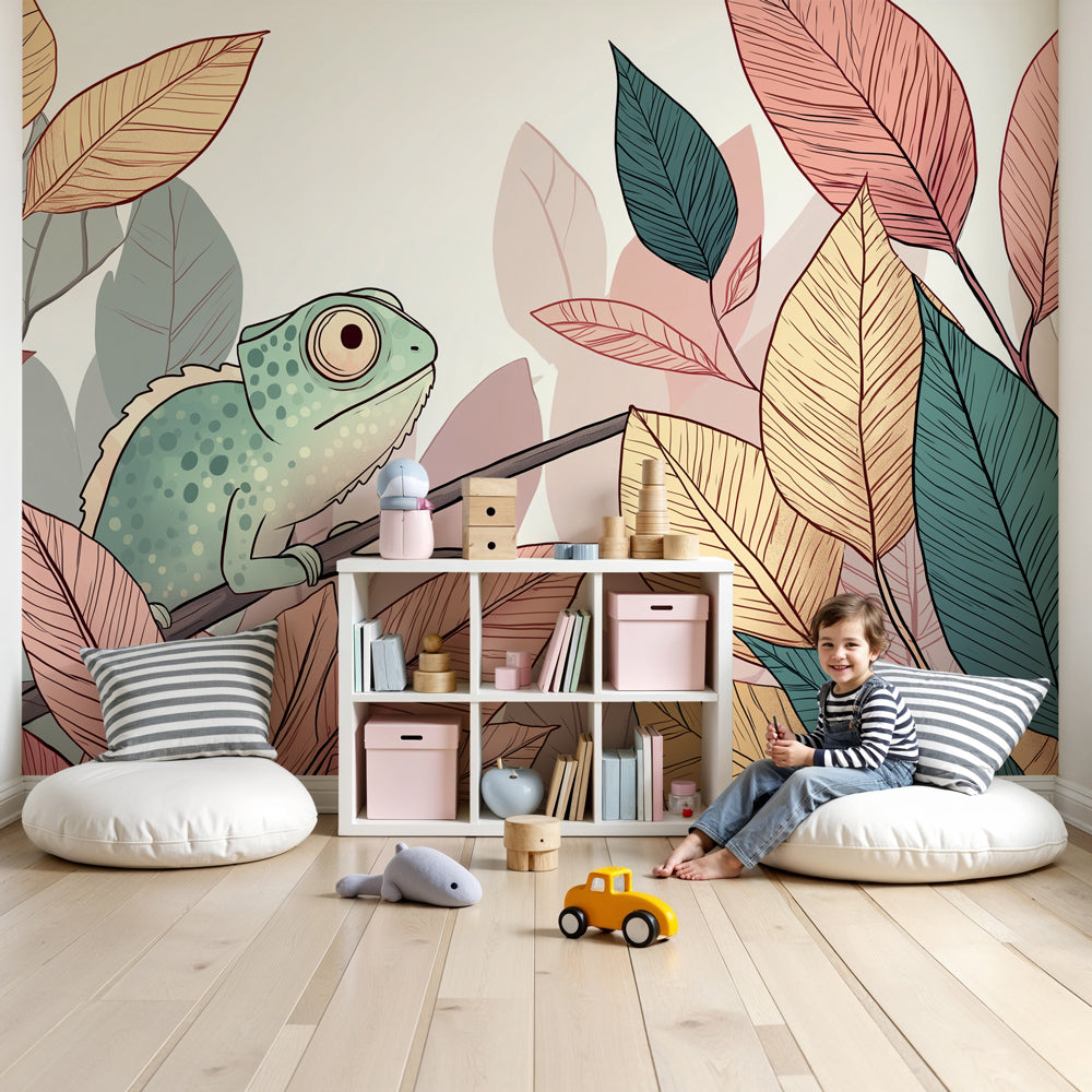 Chameleon mural wallpaper with colorful foliage in modern nursery room by Kids-Mundo