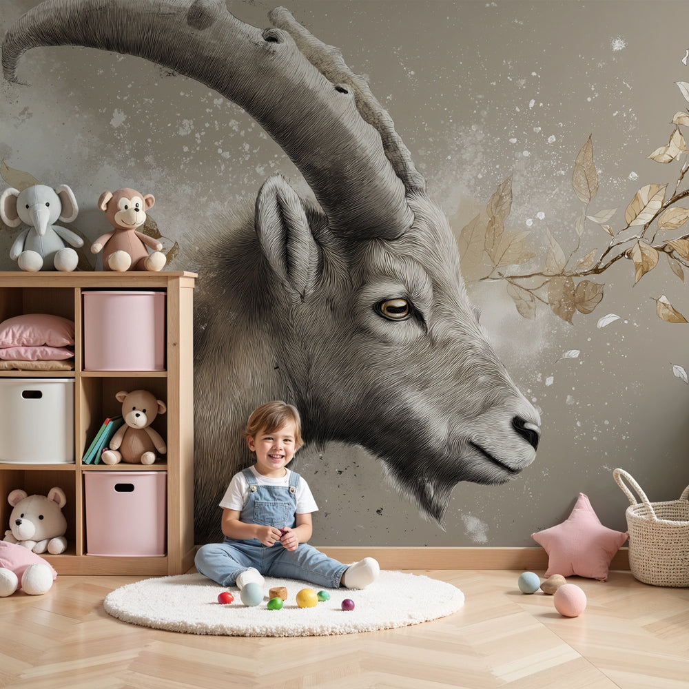 Chamois animal mural wallpaper in elegant nursery with natural wood furniture by Kids-Mundo
